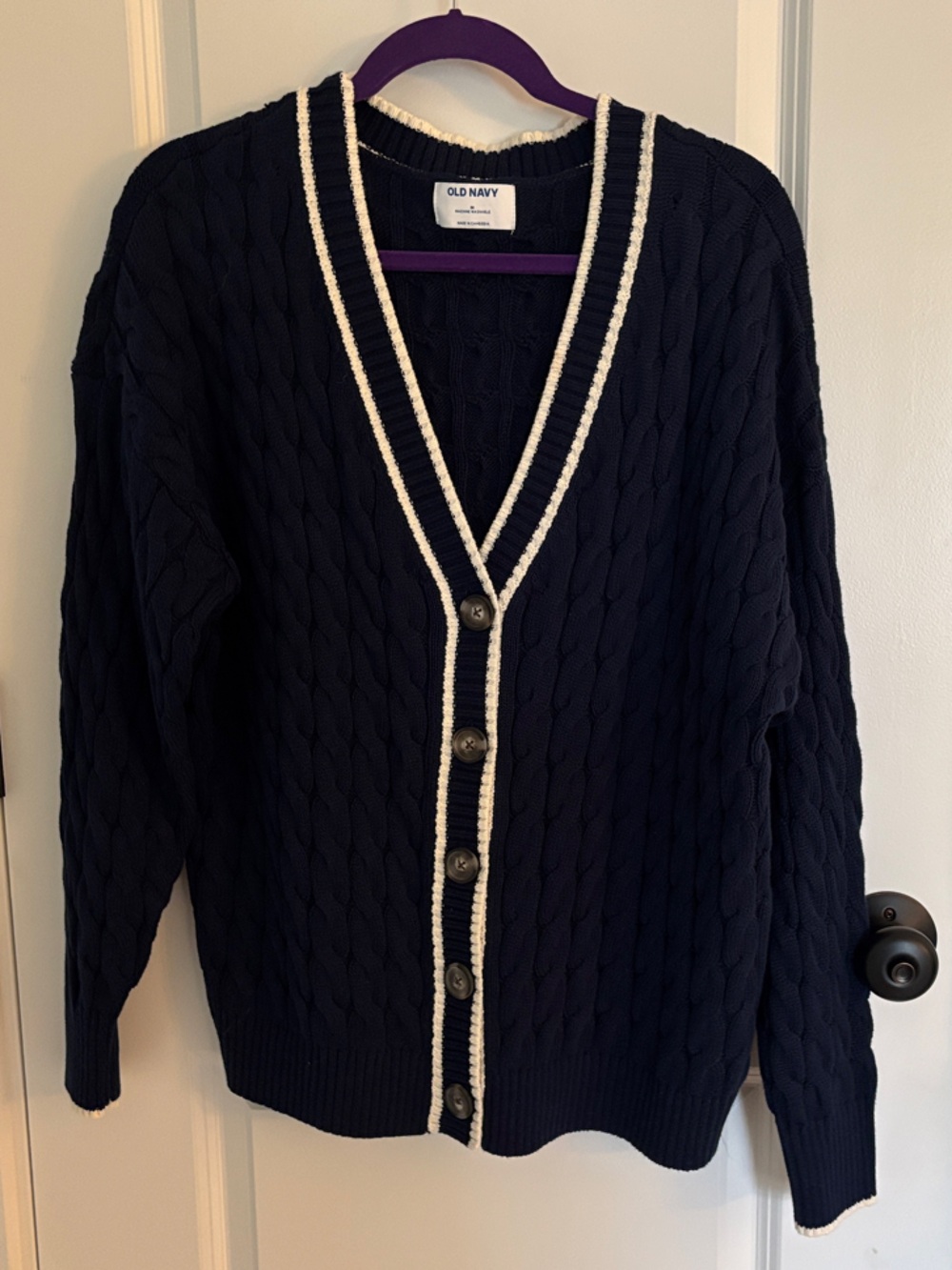 Women’s Navy Cable Knit Cardigan with White Trim